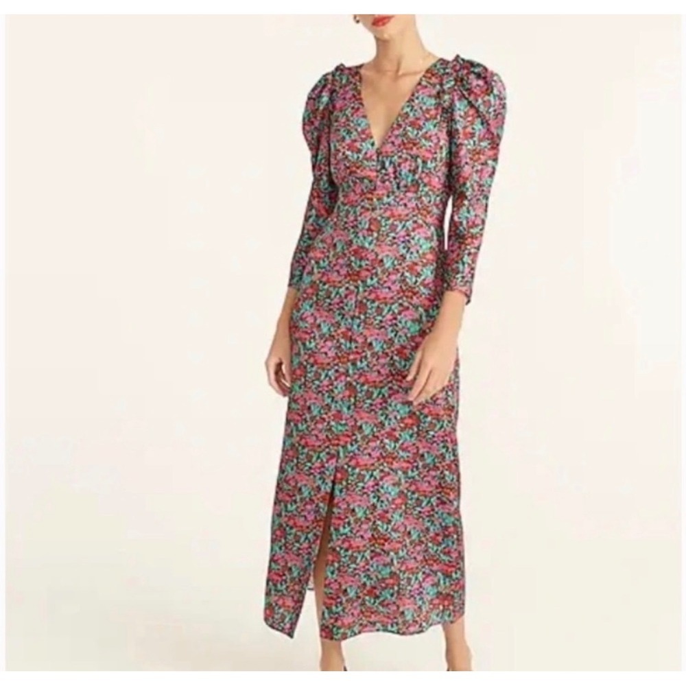 J.Crew Floral Satin Puff Sleeve Midi Dress Red Pink Teal V-Neck Size 6